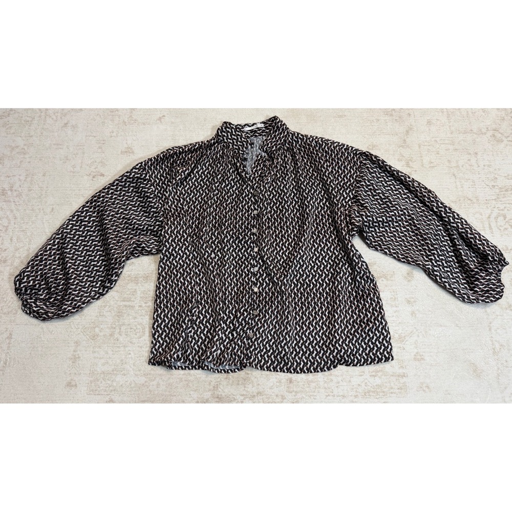 Sheike Womens Geometric Chevron Button Down Balloon Sleeve Blouse Black Size 8